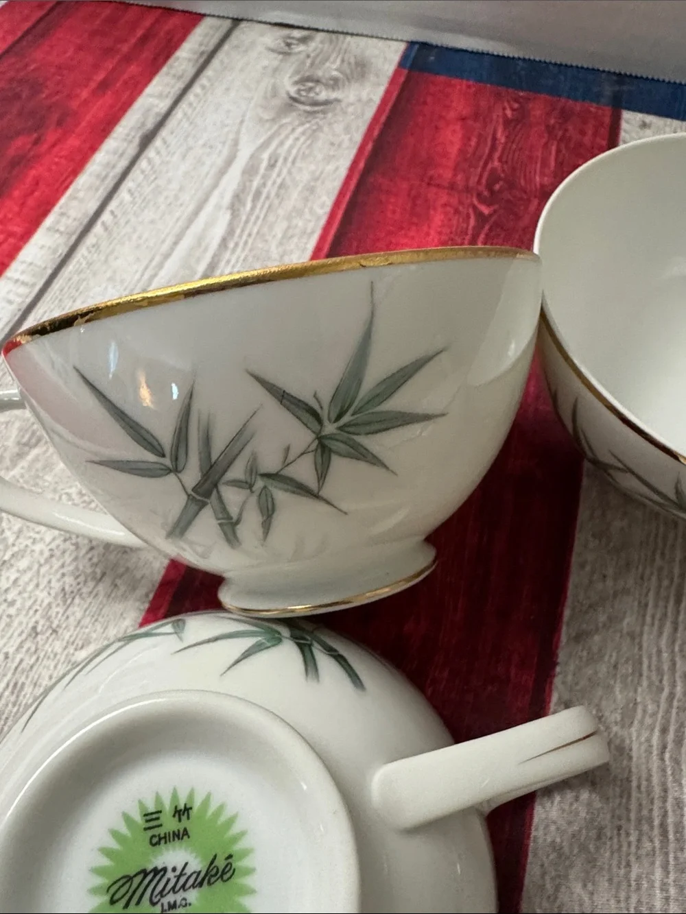 Vintage Fine Porcelain Tea Cups with Green Bamboo Motif and Gold Trim
